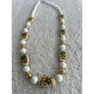 Vintage Japan Floral Enamel Bead Necklace 29.5" White Gold Tone Oval Beads